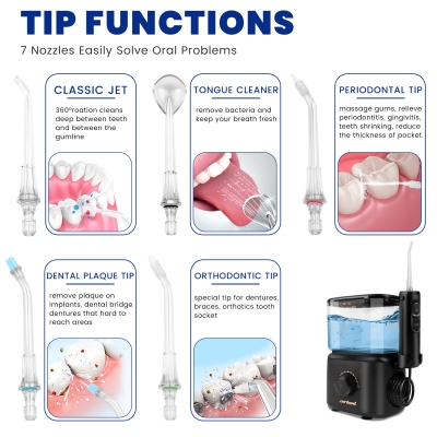 Dental Water Flosser Teeth Cleaner - Zerhunt High Frequency Pulsed Water Flosser Electric Oral Irrigator with 5 Interchangeable Nozzles for Braces, Implants, Bridges, 600ML Large Capacity Black